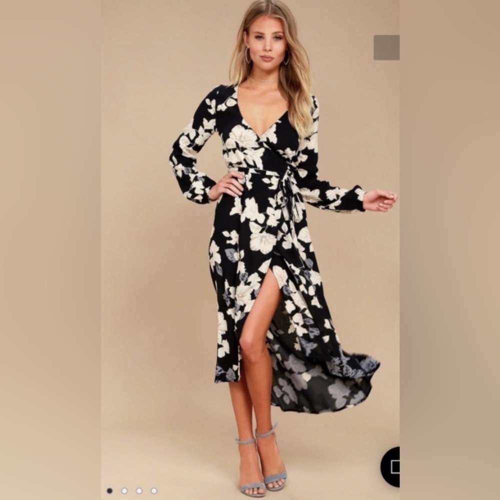 Billabong Floral Fever Wrap Dress Size M Black Ivory Feminine Light Romantic